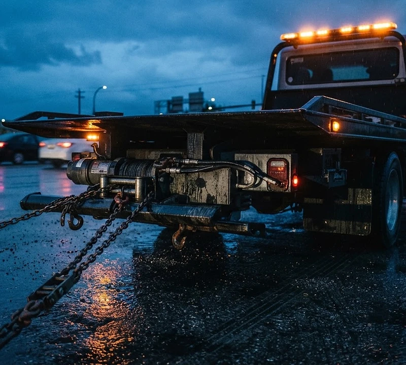 Alpha Tow flatbed truck with warning lights on a Burnaby highway