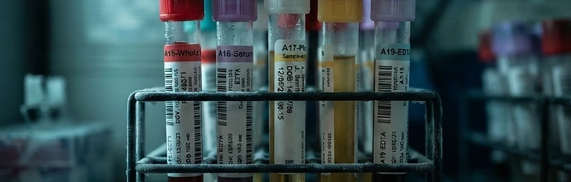 Labeled specimen tubes in a lab rack