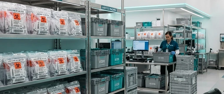 Medical logistics staging hub with sealed specimen transport bags