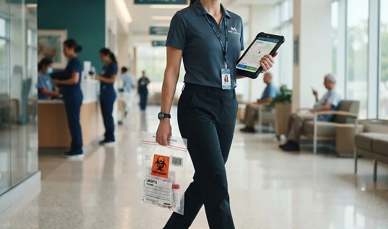 Medical courier carrying a sealed specimen transport bag through a hospital corridor