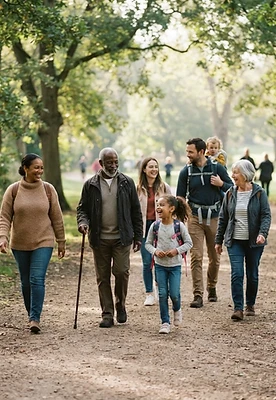 A diverse group of people of different ages walking together outdoors, embodying movement, community, and hopeful everyday health