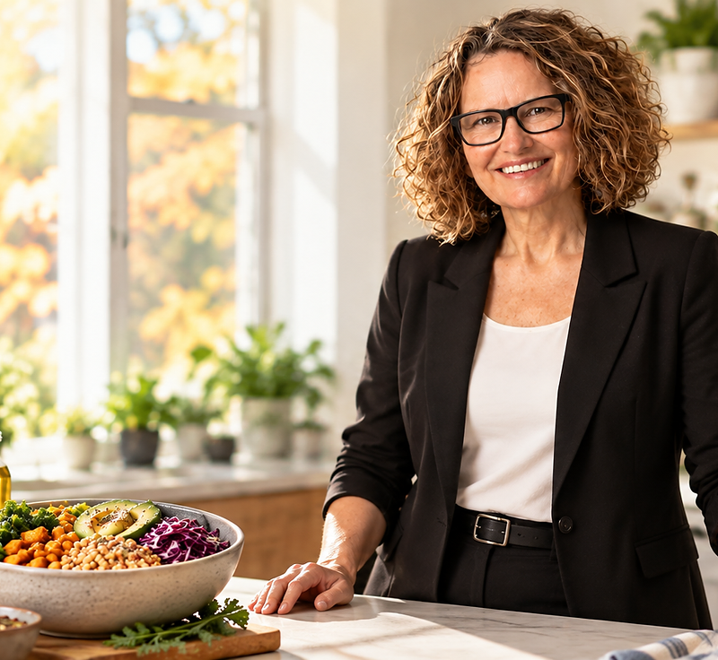 Evelyn Kissinger standing in a bright, welcoming kitchen with autumn foliage and nutritious foods.