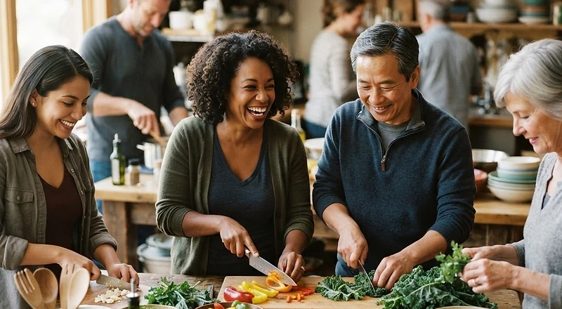 Community members preparing a fresh, whole-food meal together, illustrating lifestyle medicine in practice