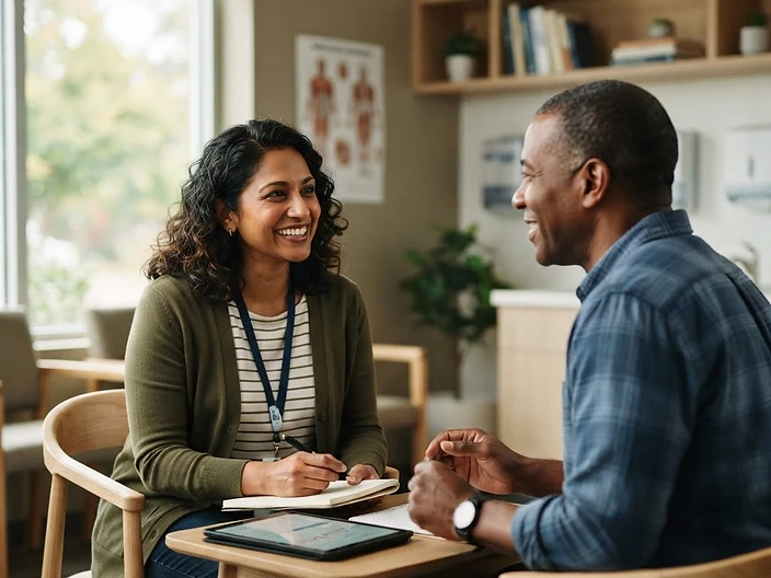 A physician working with a patient on healthy lifestyle behaviors