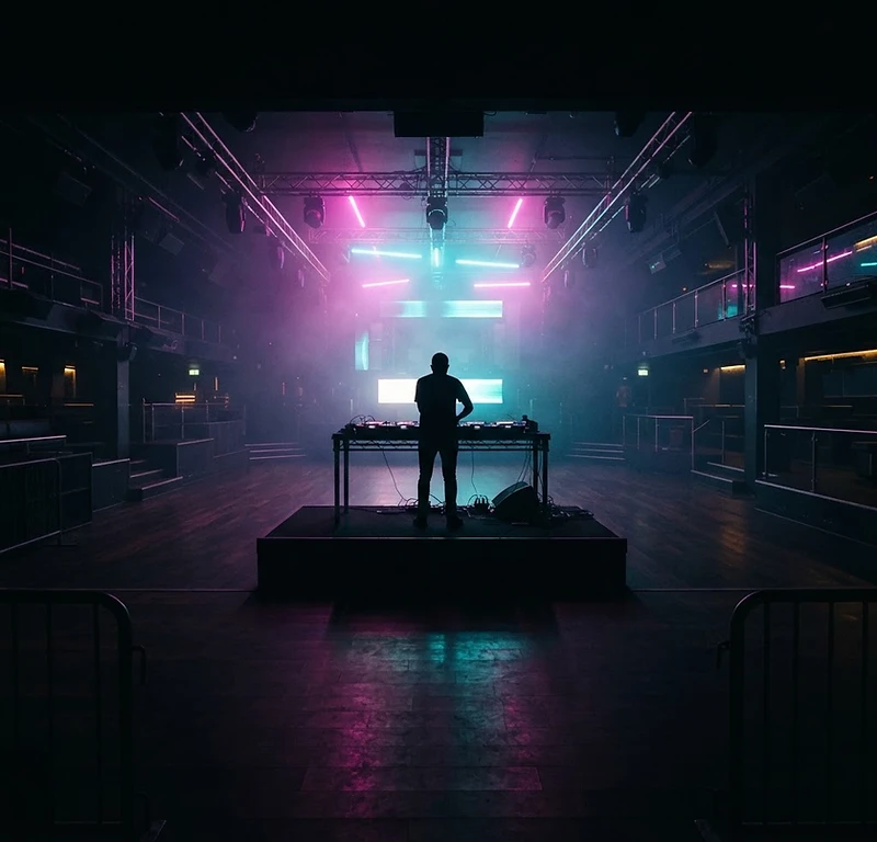 Nightclub with crowd and neon lighting