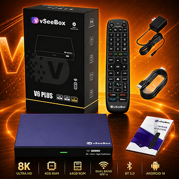 VSeeBox V6 Plus: authorized genuine hardware with remote, power adapter, HDMI cable, and manual