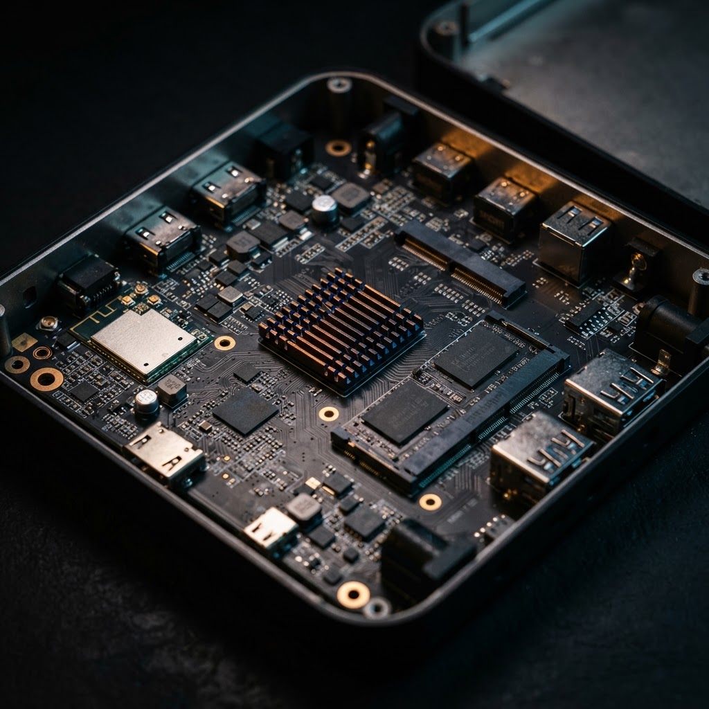 Macro photography of VSeeBox internal hardware: circuit board, copper heat sinks, chipset and RAM