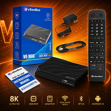 VSeeBox V6 Max: authorized genuine hardware with remote, power adapter, HDMI cable, and manual