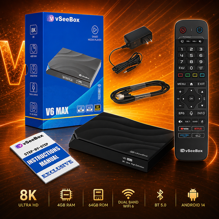 VSeeBox V6 Max 2026 flagship Android TV box with remote, power adapter, HDMI cable, and manual on a blue gradient