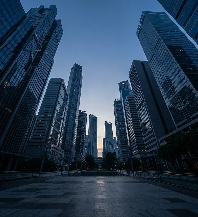 Global business district at dawn