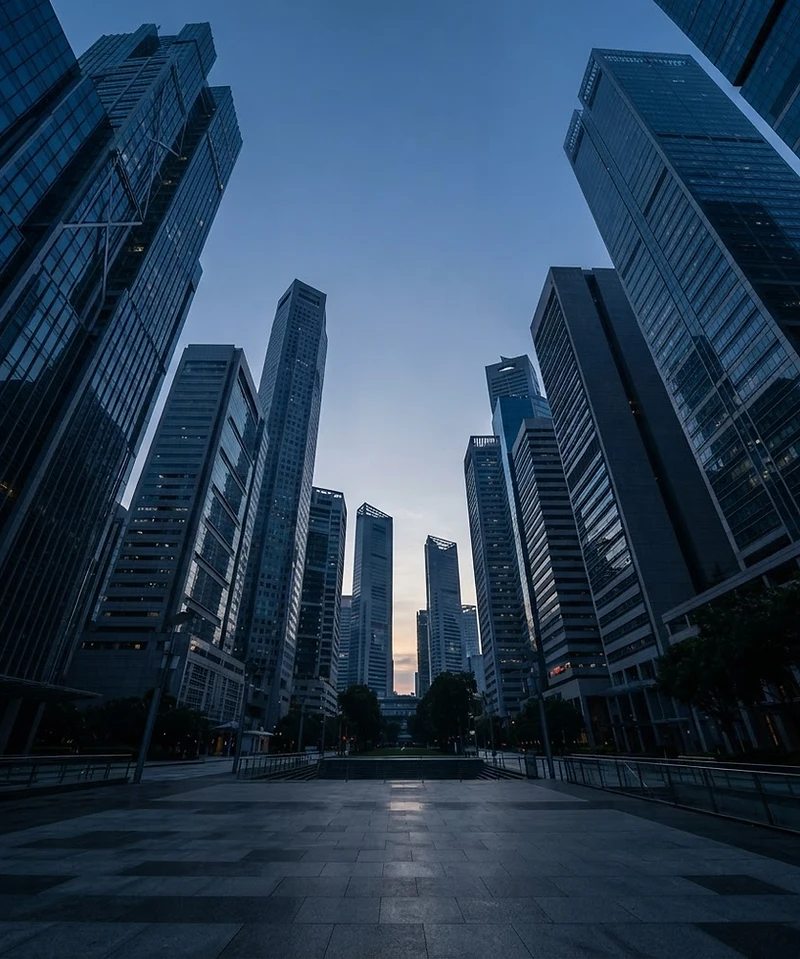Global business district at dawn