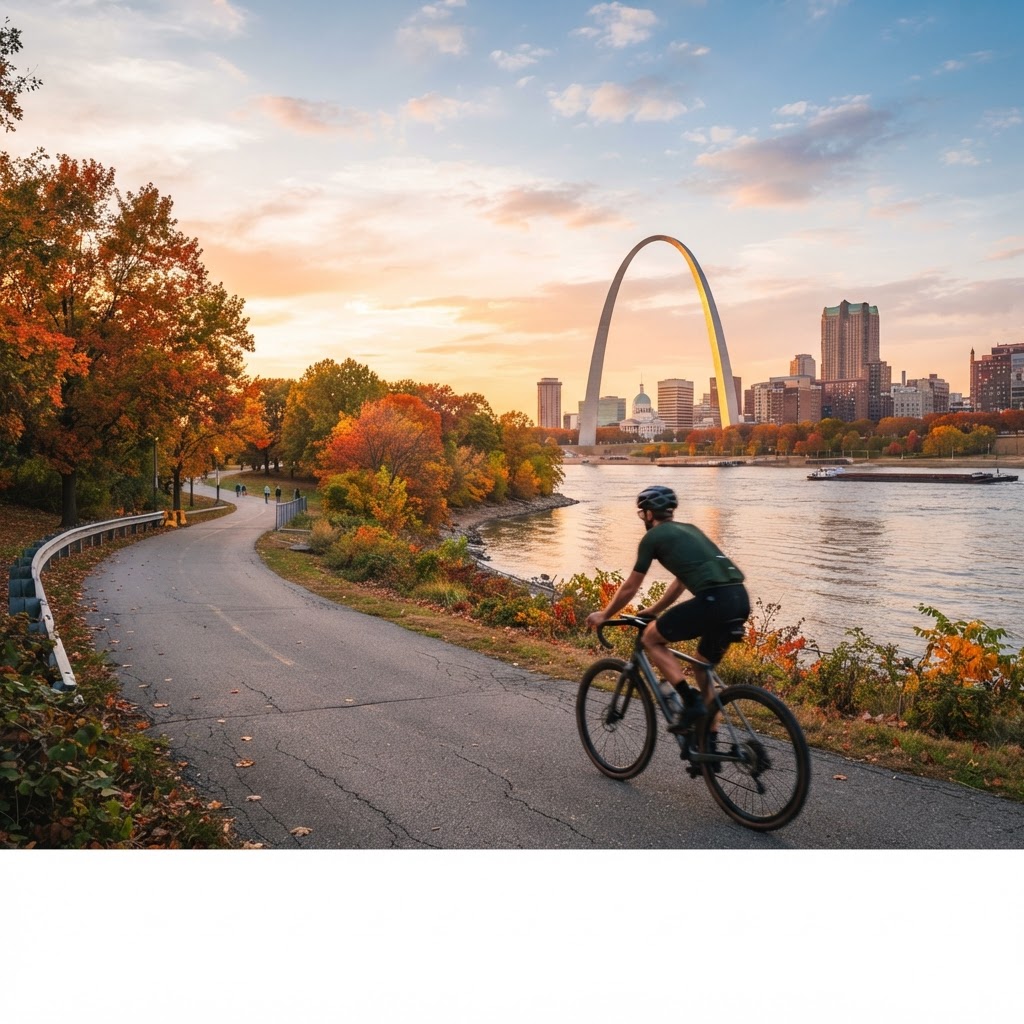 St. Louis cycling along the Mississippi River greenway with the Gateway Arch
