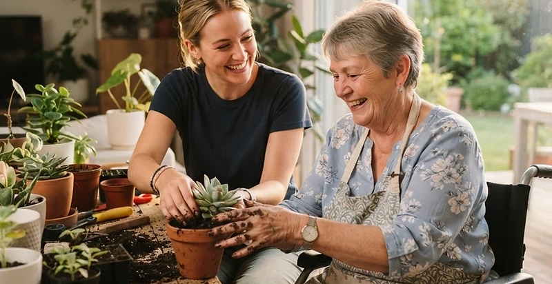 NDIS support worker and participant sharing an activity in a bright home
