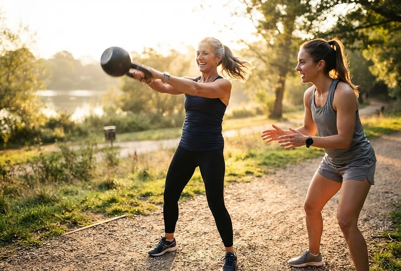 Person in their 50s performing a kettlebell movement with a coach, backlit by morning sun