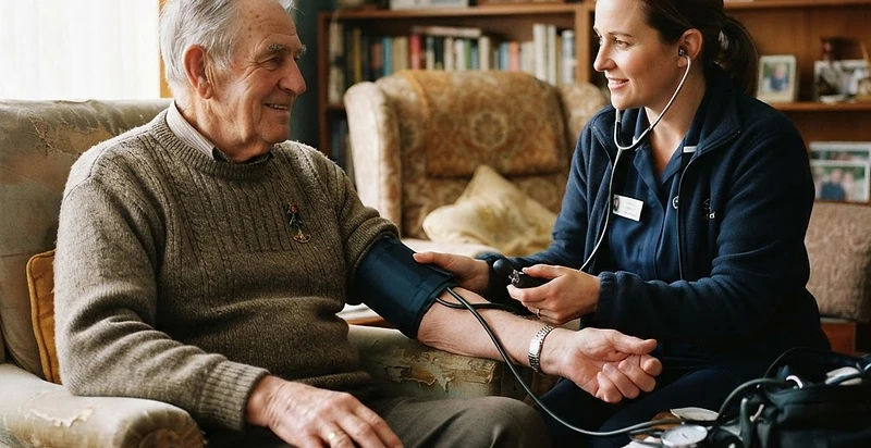 Community nurse gently checking a veteran's blood pressure in their home