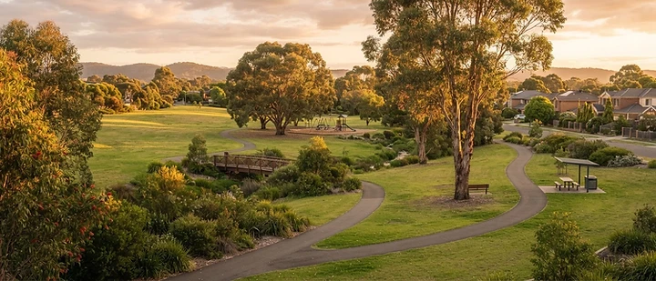 Wide view of a peaceful Australian suburban park at golden hour