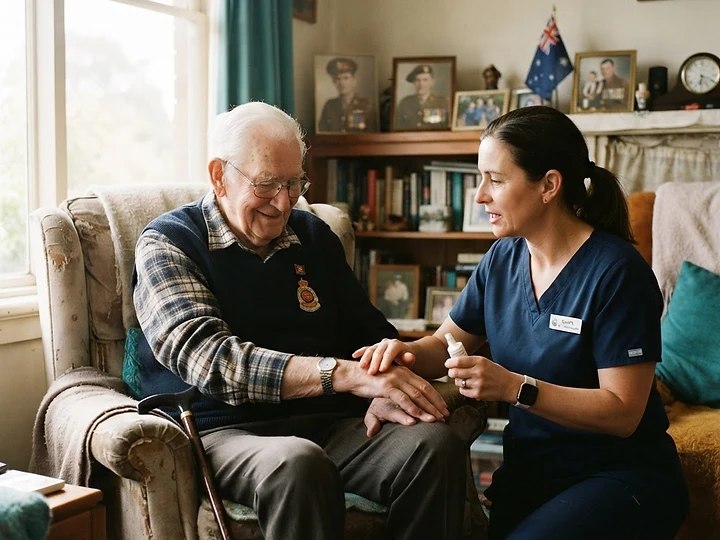 Elderly veteran seated comfortably at home with a community nurse nearby