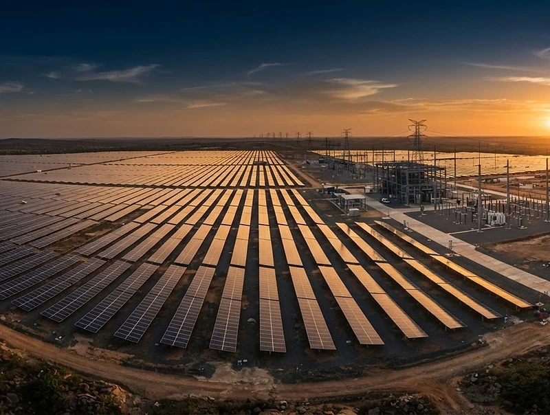 Ferme solaire et infrastructure industrielle au Sénégal au coucher du soleil