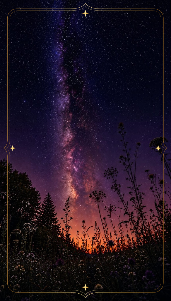 Bloemenveld en bosrand onder een donkere sterrenhemel met galaxy en het laatste licht aan de horizon, symbool voor natuurverbondenheid, kosmisch bewustzijn, het onderbewuste en shadow work.