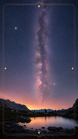 Nachtelijk rotslandschap met een weerspiegelend meer en een heldere galaxy boven de horizon, symbool voor stilte, het onderbewuste, energetisch en kosmisch bewustzijn en de verbinding met een groter geheel.