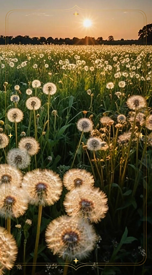 Uitgestrekt veld met pluizige paardenbloemen in warm goudoranje zonlicht, symbool voor natuurlijke cycli, transformatie, potentieel, wensen, manifestatie en de verbinding tussen zon, maan, sterren, wind, zaad en aarde.