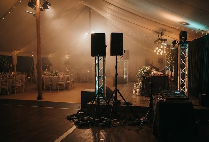 Intimate estate wedding reception with warm uplighting