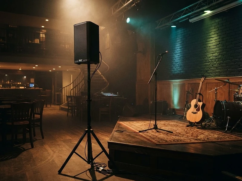 Intimate venue with point source PA speaker and warm volumetric lighting