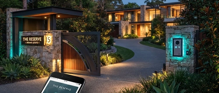 Modern estate gate opened from a smartphone