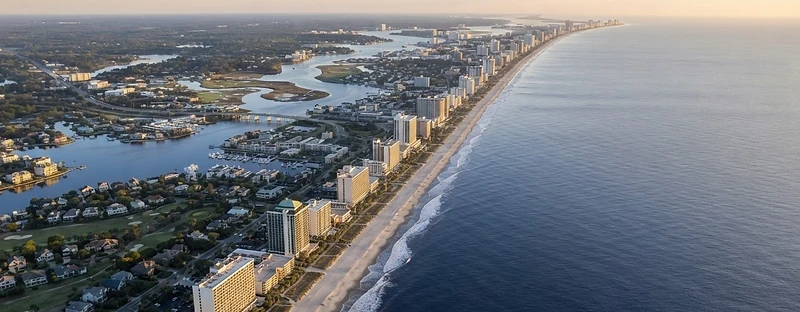 Aerial view of the Myrtle Beach coastline and surrounding communities
