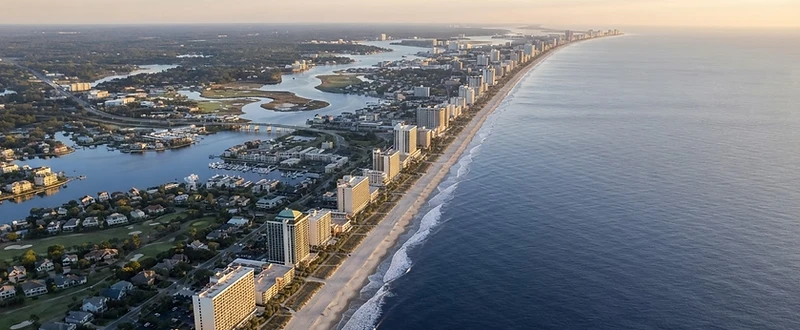 Aerial view of the Myrtle Beach coastline and surrounding communities
