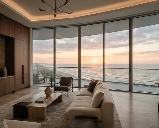 Ocean-view penthouse with warm stone interior