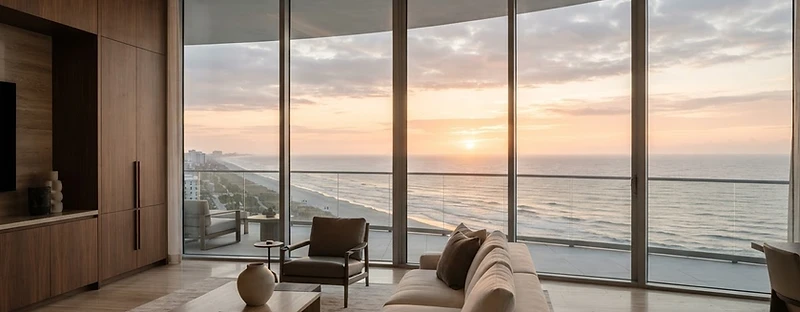 Ocean-view penthouse with warm stone interior