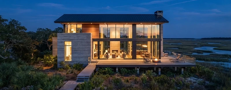 Modern villa overlooking a coastal marsh at blue hour