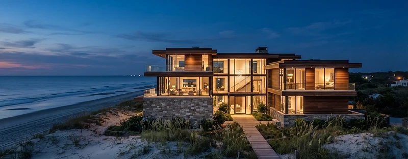 Modern coastal home glowing along the Atlantic at blue hour
