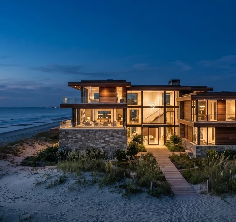 Modern coastal home glowing along the Atlantic at blue hour