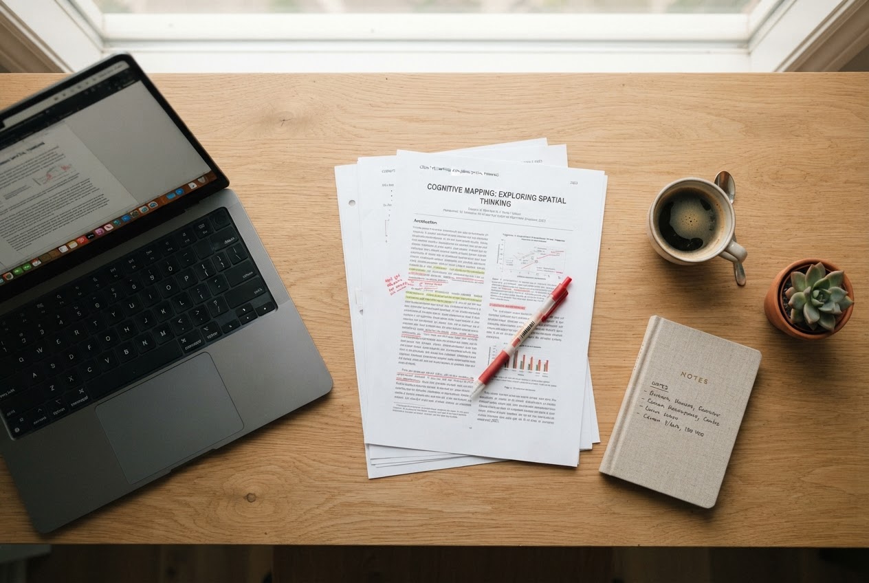 Academic paper being edited with a red pen on a desk next to a laptop