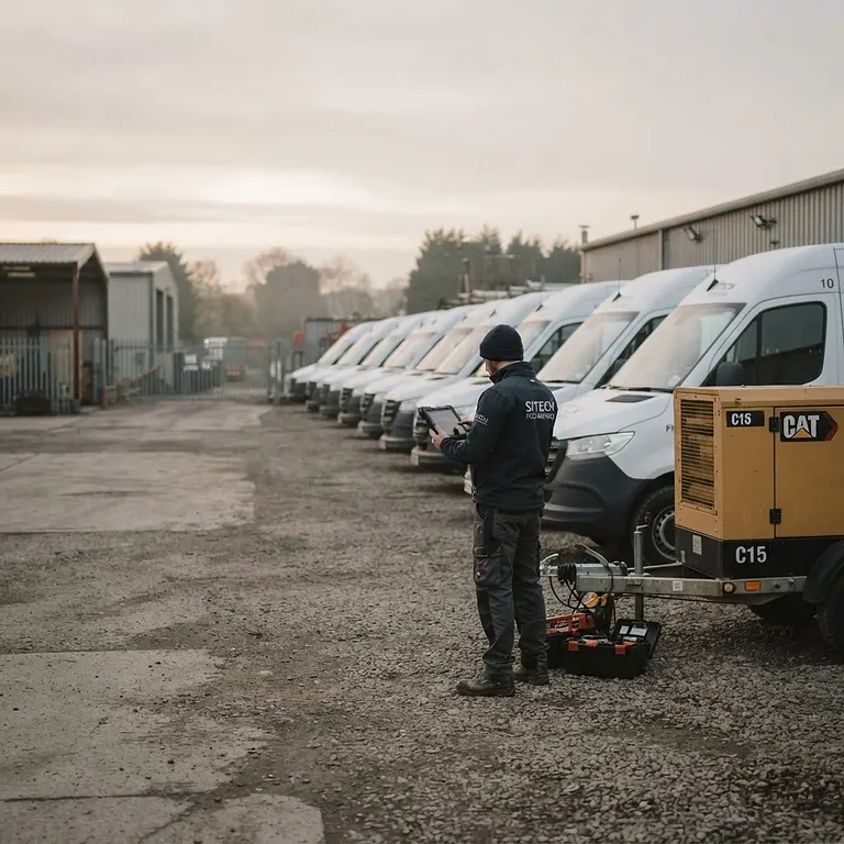 Illustration of a technician preparing for service work beside a fleet of vans