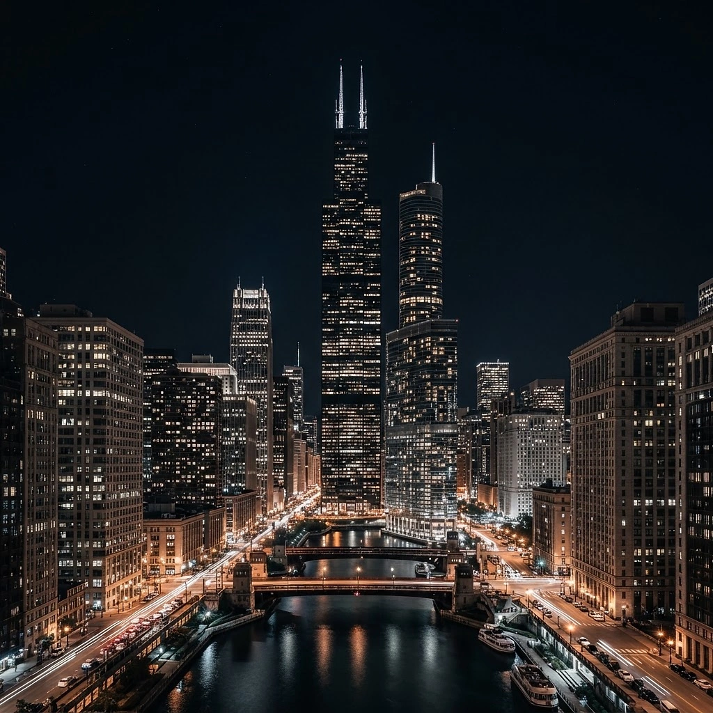 Saint Row Apparel over Chicago skyline at night