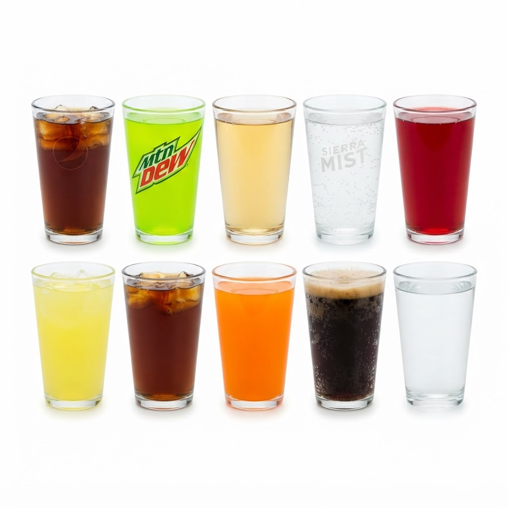 Pepsi, Mountain Dew, Ginger Ale, Sierra Mist, Hawaiian Punch, Lemonade, Iced Tea, Orange Soda, Root Beer, Water