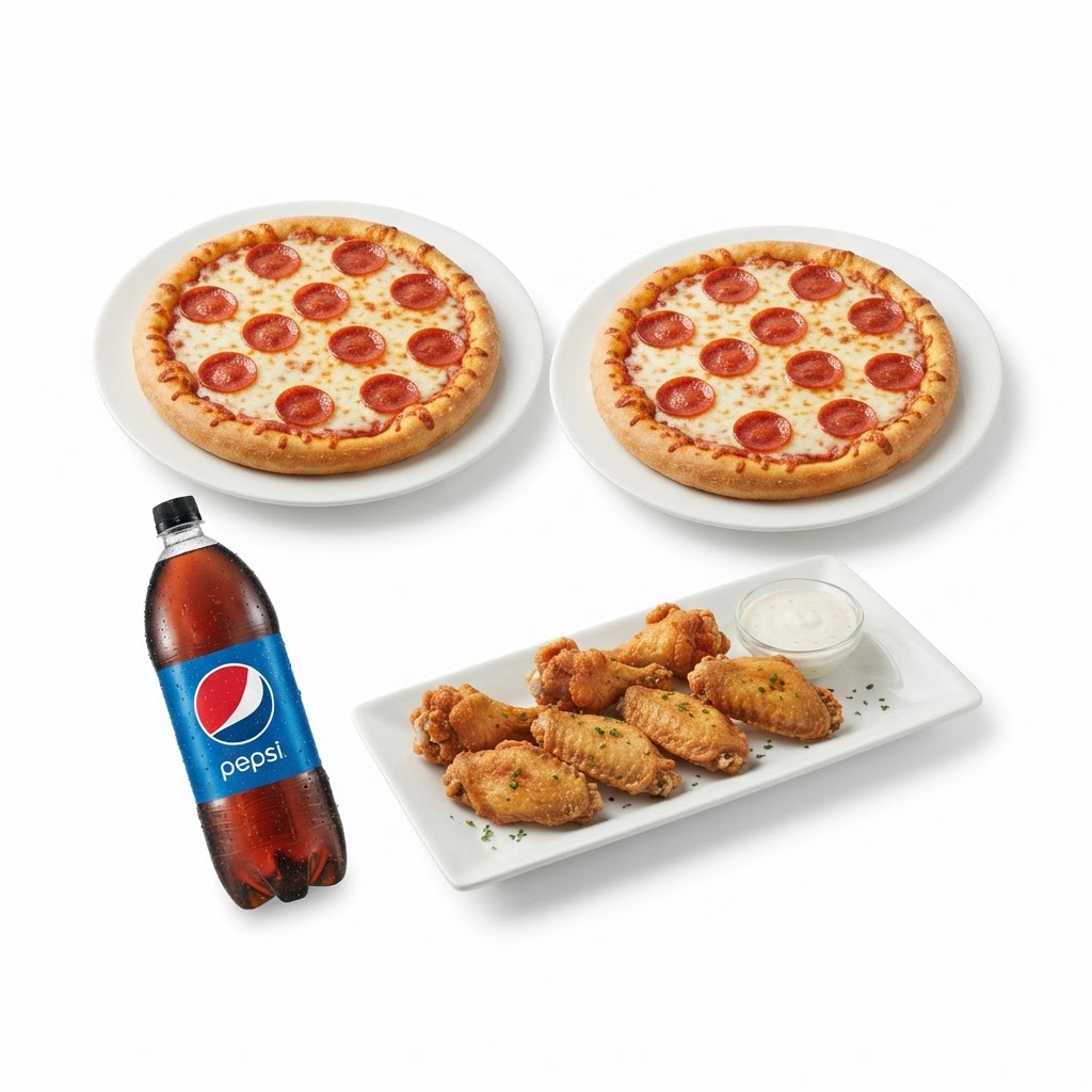 #2 2 SMALL 1 TOPPING PIZZAS, 6 PC. WING DINGS & 2 LITER SODA