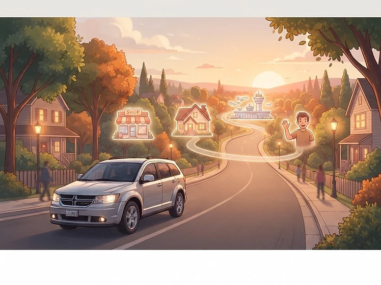 A Dodge Journey driving through the suburbs with stores, homes, an airport, and a waving neighbor ahead — opportunity all around
