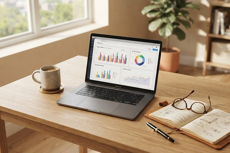Digital consultancy workspace with laptop and analytics