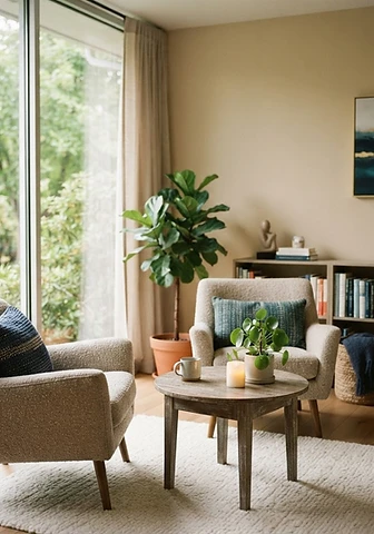 A warm, welcoming counseling office with soft natural light, representing a safe space for healing