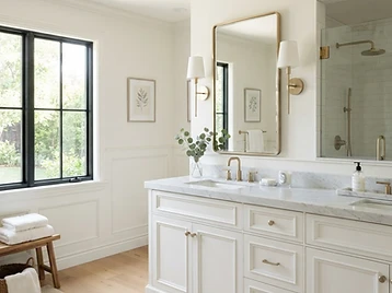 Bathroom with white shaker vanity and marble countertop