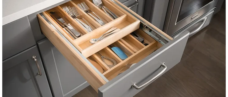 Kitchen drawer with built-in maple cutlery organizer holding stainless steel flatware and utensils