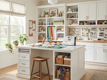 Craft room with white shaker cabinetry and center island