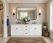 White shaker-style double bathroom vanity with marble countertop and brushed gold hardware