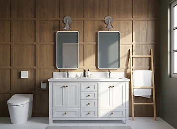 Furniture-style white double vanity with wood-paneled walls, marble countertop and chrome sconces