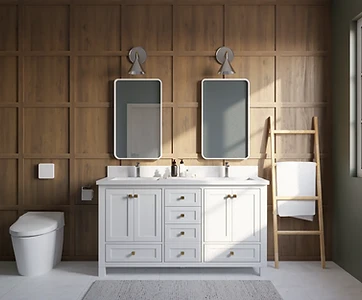 Furniture-style white double vanity with wood-paneled walls