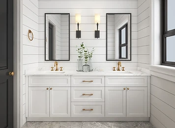 White shaker double vanity with brushed gold hardware, shiplap walls and marble countertop